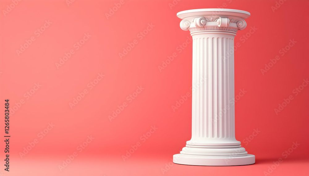 Classic white column stands against a coral wall with copy space for presentation, decor or concept Classic white column stands against a coral wall with copy space for presentation, decor or concept