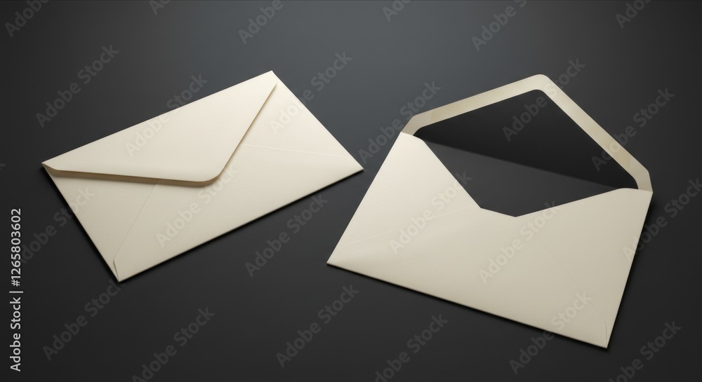 Two cream envelopes, one open revealing dark interior, on a dark gray background Two cream envelopes, one open revealing dark interior, on a dark gray background