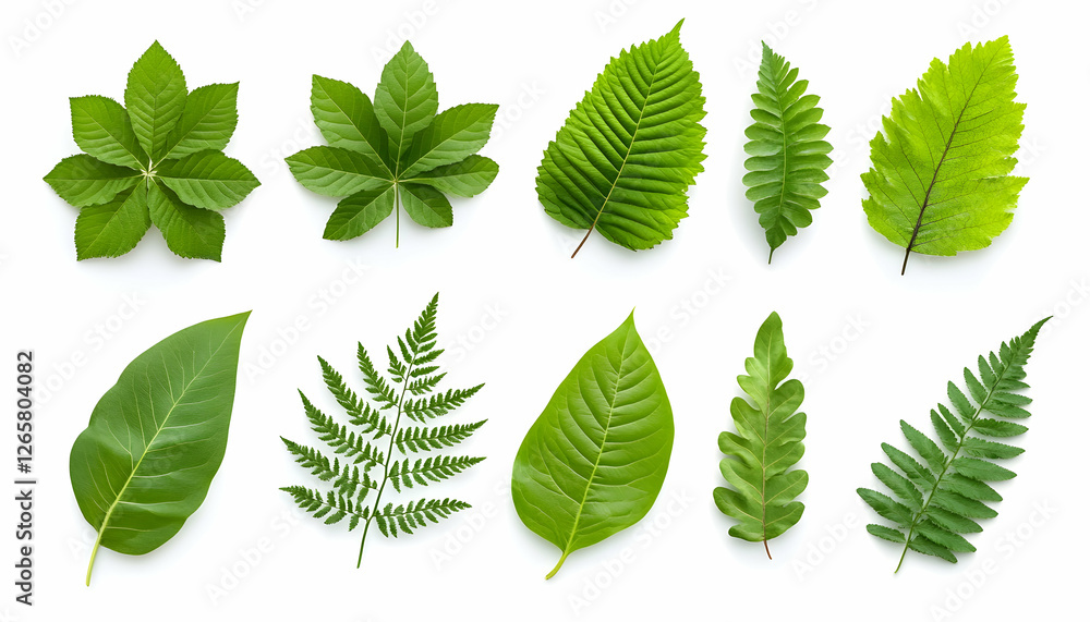 Collection of various green leaves isolated on white background for botanical uses Collection of various green leaves isolated on white background for botanical uses