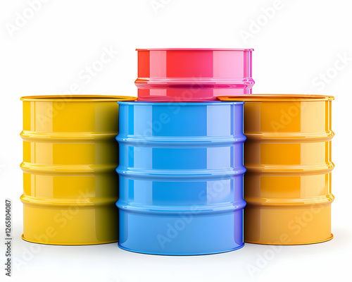 Colorful barrels stacked on white background for industry, manufacturing concepts photo