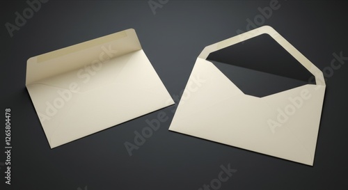 Two cream envelopes, one open revealing dark interior, on a dark gray background photo