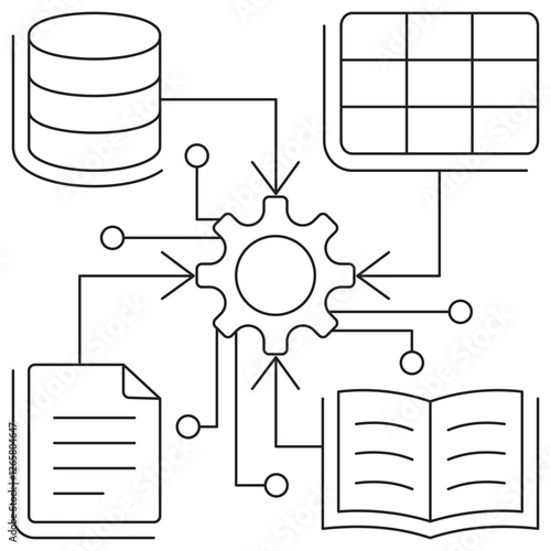 Data Integration icon. Simple outline monochrome black vector pictogram with thin lines on a transparent background. Line thickness is editable