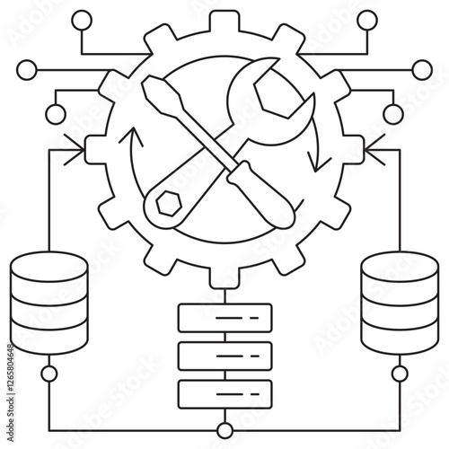 Data Engineering icon. Simple outline monochrome black vector pictogram with thin lines on a transparent background. Line thickness is editable