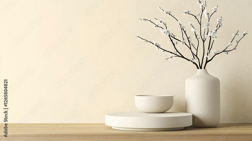 Minimalist Home Decor Still Life with White Vase and Blooming Branches Minimalist Home Decor Still Life with White Vase and Blooming Branches