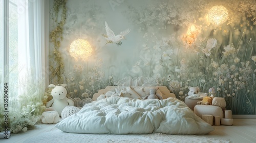 Tranquil children bedroom featuring floral wallpaper and plush toys
