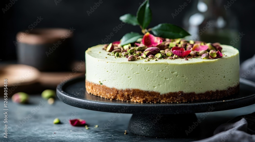 A beautifully crafted green cheesecake is topped with rose petals and pistachios, resting on a dark plate, creating an enticing and elegant dessert display. A beautifully crafted green cheesecake is topped with rose petals and pistachios, resting on a dark plate, creating an enticing and elegant dessert display.
