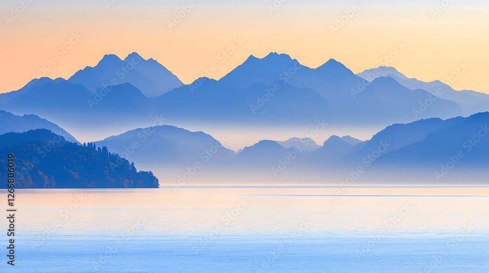 Serene Mountain Range Silhouette Over Calm Water At Dawn Serene Mountain Range Silhouette Over Calm Water At Dawn