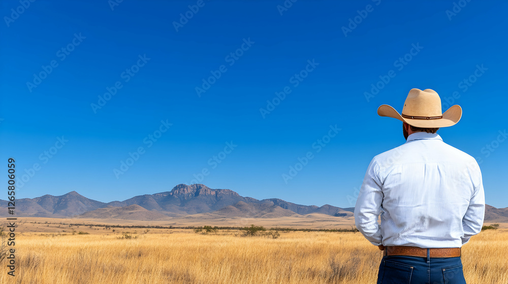 Cowboy in hat looking at mountains, field, blue sky landscape, travel, adventure Cowboy in hat looking at mountains, field, blue sky landscape, travel, adventure