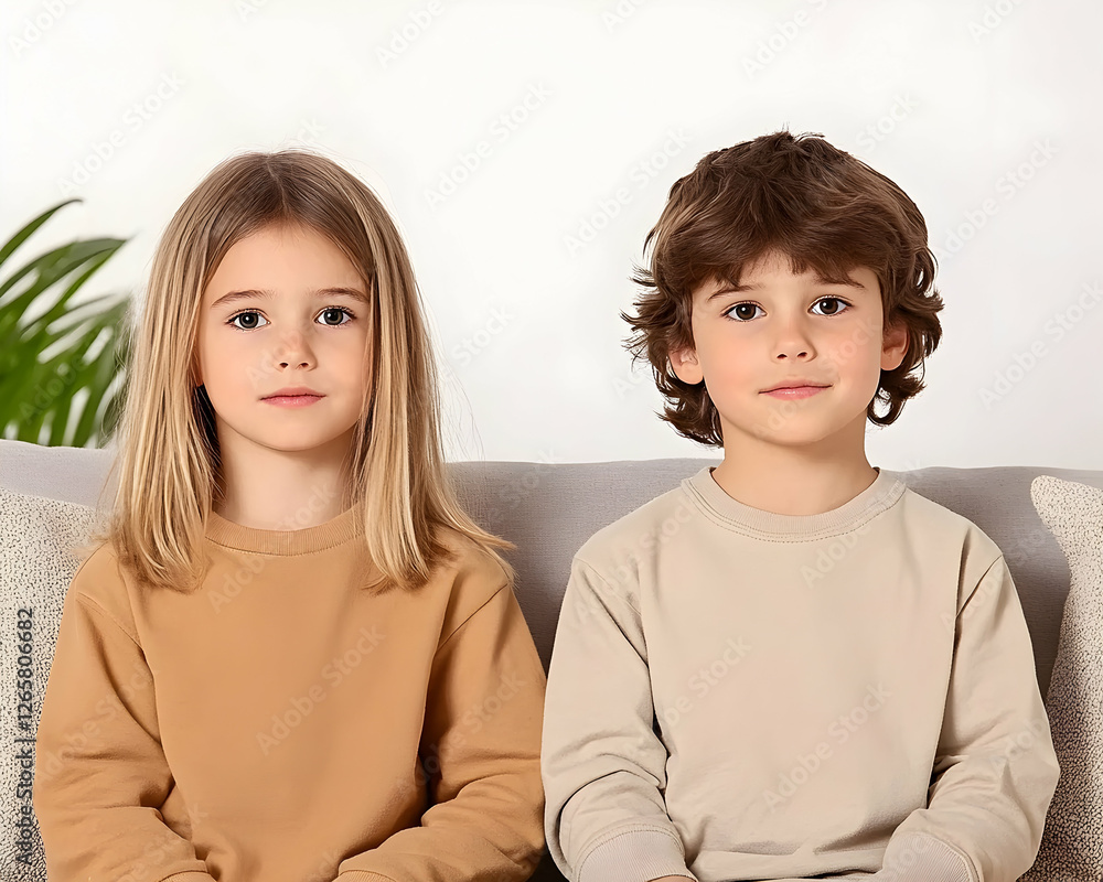 Cute kids sit indoors, posing for a photo, against a simple wall, for family photos Cute kids sit indoors, posing for a photo, against a simple wall, for family photos