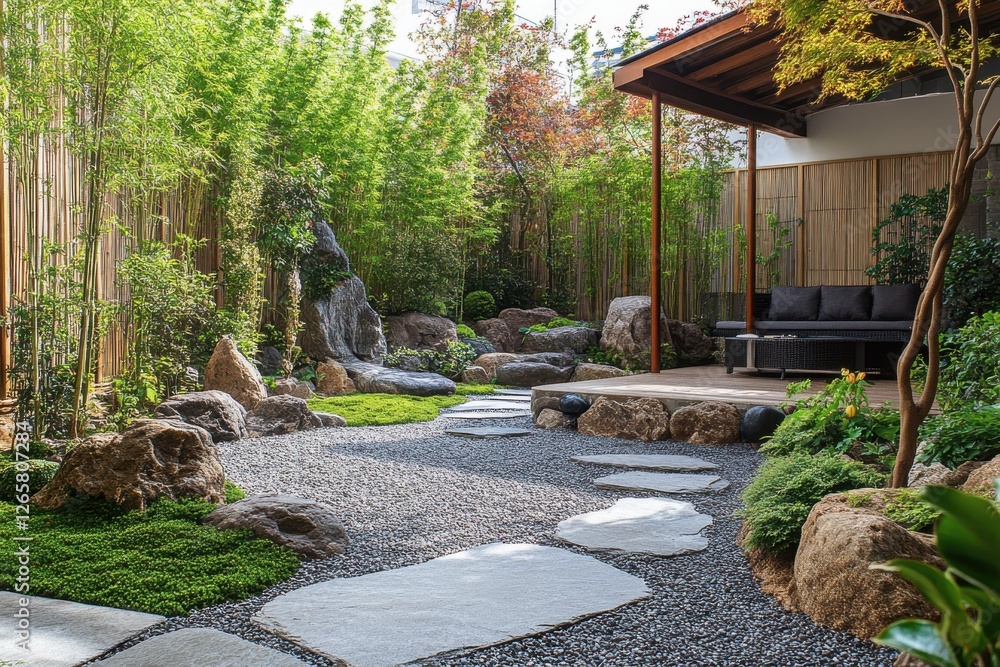 Serene Botanical Garden with Elegant Pathway and Natural Elements in Tranquil Japanese Style Serene Botanical Garden with Elegant Pathway and Natural Elements in Tranquil Japanese Style