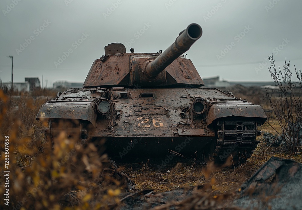Abandoned rusted tank in a war-torn landscape, symbolizing conflict, destruction, and the passage of time Abandoned rusted tank in a war-torn landscape, symbolizing conflict, destruction, and the passage of time