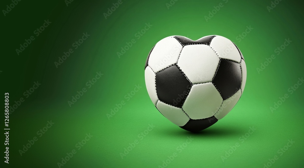 Naklejka premium Heart of football. 3D image showing a black and white heart-shaped soccer ball on a green background. Concept of sports passion, loyalty and devotion to football. Copy space.