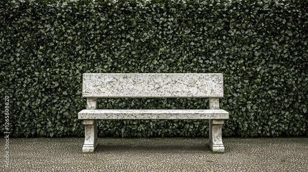 Ornate stone bench against lush green hedge Ornate stone bench against lush green hedge
