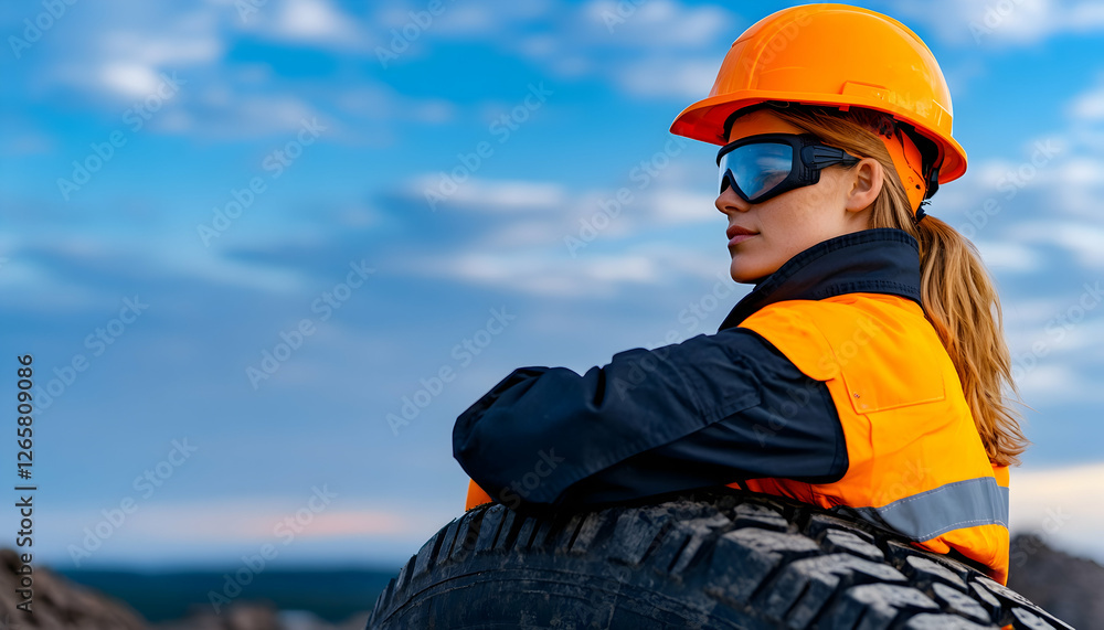 Engineer rests on tire. Hardhat, vest, goggles. Quarry. Outdoor industrial work Engineer rests on tire. Hardhat, vest, goggles. Quarry. Outdoor industrial work