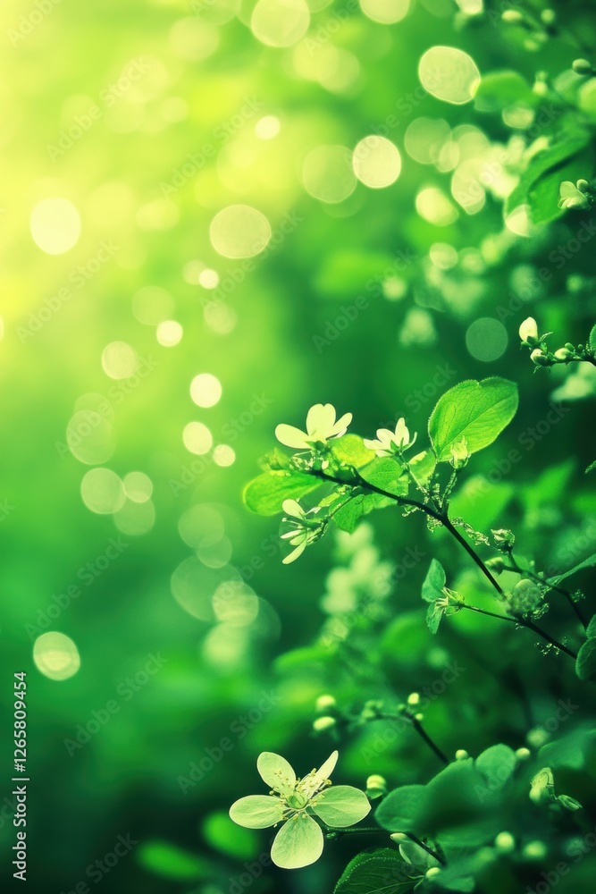 Green theme Spring background with flowers leaves.