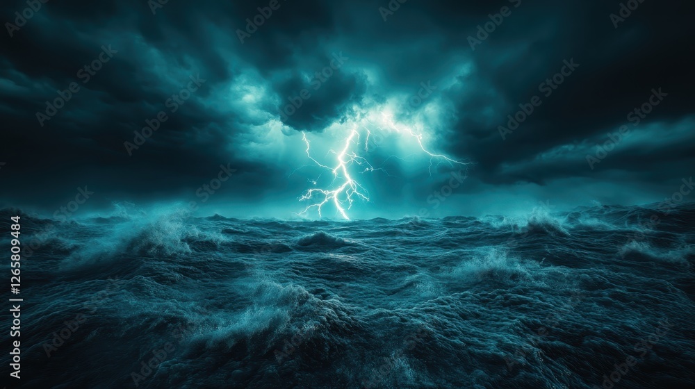 Naklejka premium A fierce thunderstorm unleashes lightning strikes over tumultuous ocean waves, portraying nature's relentless power in a visually striking and dramatic coastal scene.