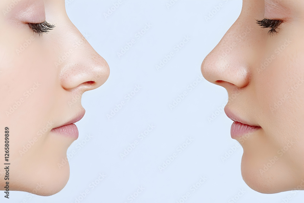 Obraz premium Faces compare before and after rhinoplasty surgery against pastel background for medical