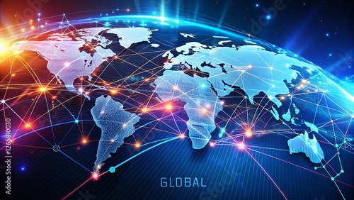 Global Network Connection: World Map with Digital Lines and Nodes