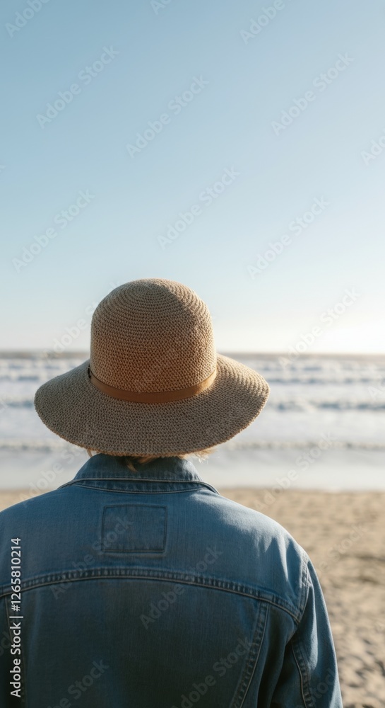 Caucasian female adult in denim and sun hat enjoying beachfront ocean view Caucasian female adult in denim and sun hat enjoying beachfront ocean view