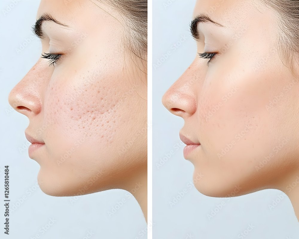 Obraz premium Girl before and after facial pore reduction for skin care treatments use