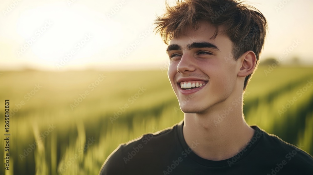 Young man smiles warmly in a serene moment, embodying joy and simplicity. Young man smiles warmly in a serene moment, embodying joy and simplicity.