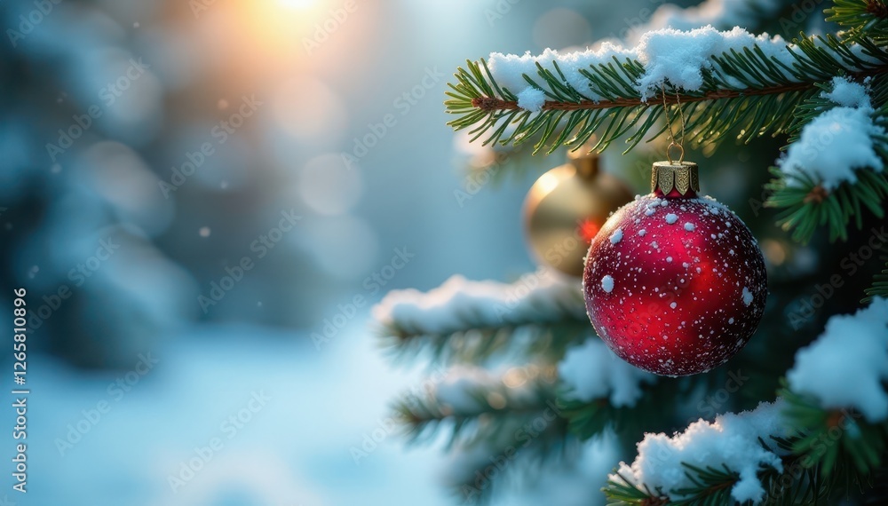 Obraz premium Sparkling snow-covered pine boughs with ornaments , pine cones, silver, shimmer