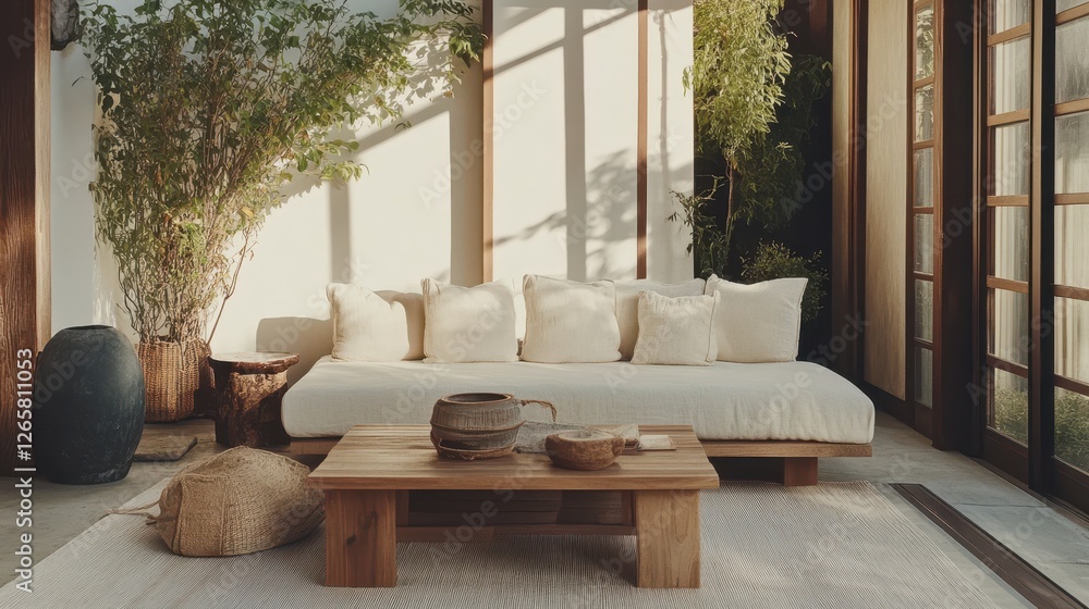 Fototapeta premium Bright inviting living room features natural elements and soft light