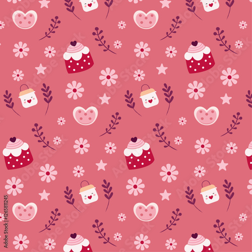 Cute Valentine Pattern with Hearts, Cupcakes, Flowers, and Smiling Jars