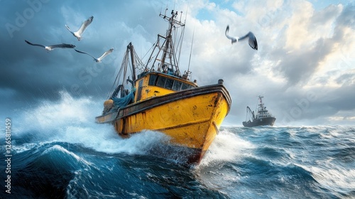 A vivid depiction of a bright yellow fishing boat navigating through tumultuous waves, symbolizing struggle, adventure, and the beauty of nature amidst chaos.
