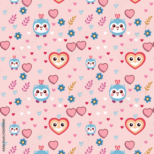 Cute Valentine Pattern with Hearts, Flowers, and Cartoon Owls