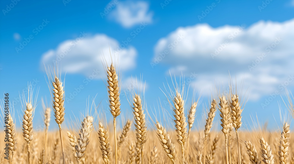 Fototapeta premium Golden wheat field with blue sky and clouds, suitable for agriculture or harvest themes