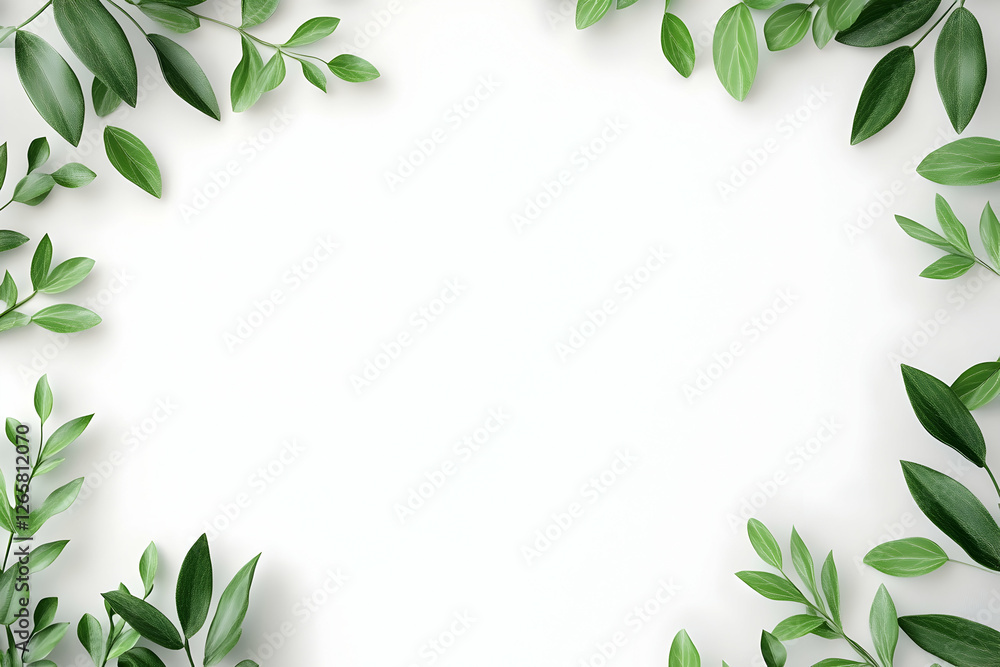 Fototapeta premium Green leaves frame a blank white background. Use for invitation, card, or mockup
