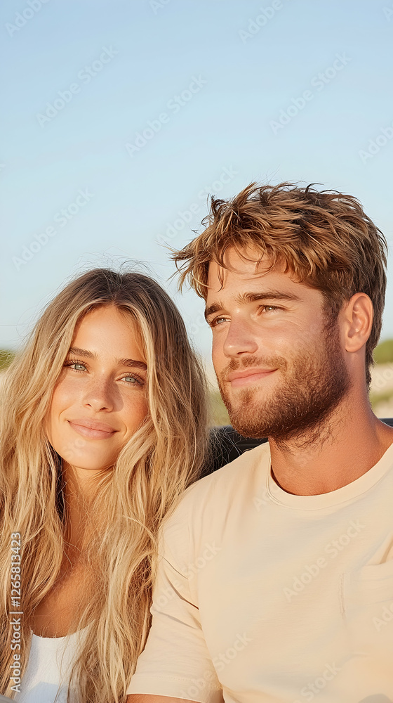 Happy young couple smiling together on beach with warm background Happy young couple smiling together on beach with warm background