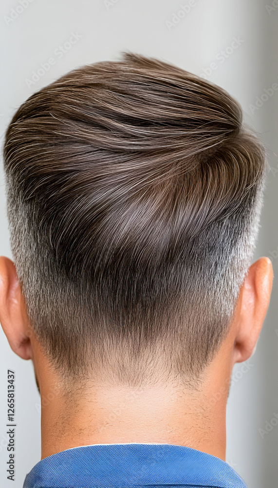 Headshot of a man showing new hairstyle trend, with gray background, for barbershops Headshot of a man showing new hairstyle trend, with gray background, for barbershops