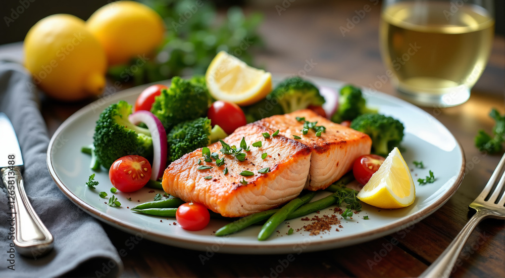 A delicious salmon fillet served with fresh vegetables, making a healthy and balanced meal. A delicious salmon fillet served with fresh vegetables, making a healthy and balanced meal.
