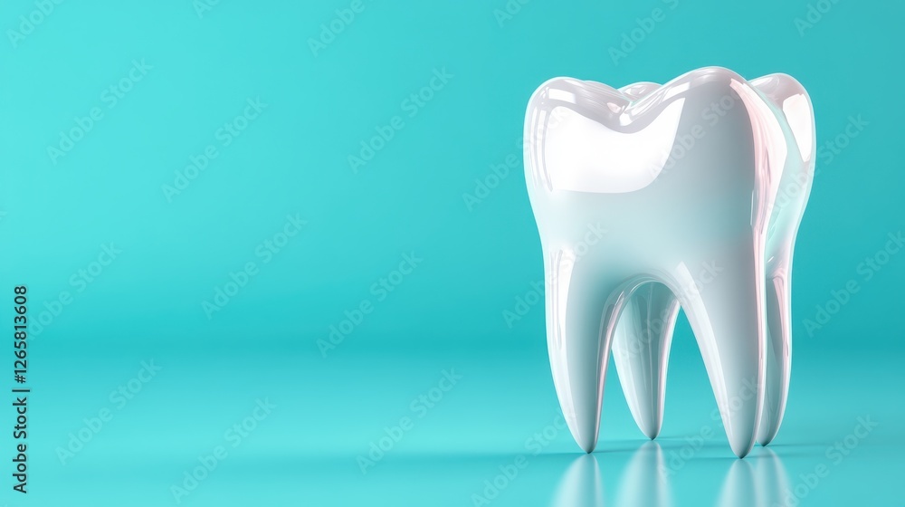 A glossy dental tooth model set against a vibrant turquoise backdrop, emphasizing dental care and oral hygiene principles in a visually striking way. A glossy dental tooth model set against a vibrant turquoise backdrop, emphasizing dental care and oral hygiene principles in a visually striking way.
