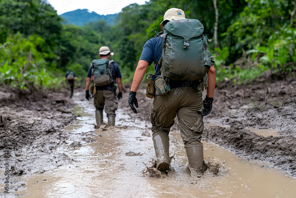 Hikers walk through muddy road in the jungle, showcasing difficult travel, outdoors Hikers walk through muddy road in the jungle, showcasing difficult travel, outdoors