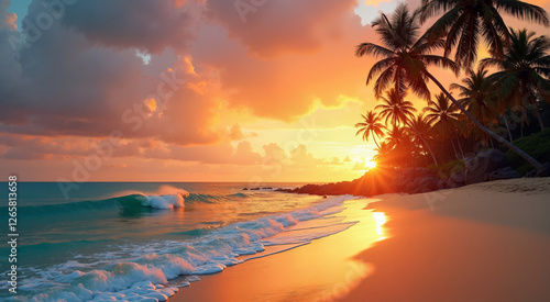 Tropical beach at sunset with palm trees and crashing waves. Warm, vibrant colors create a serene and picturesque scene.