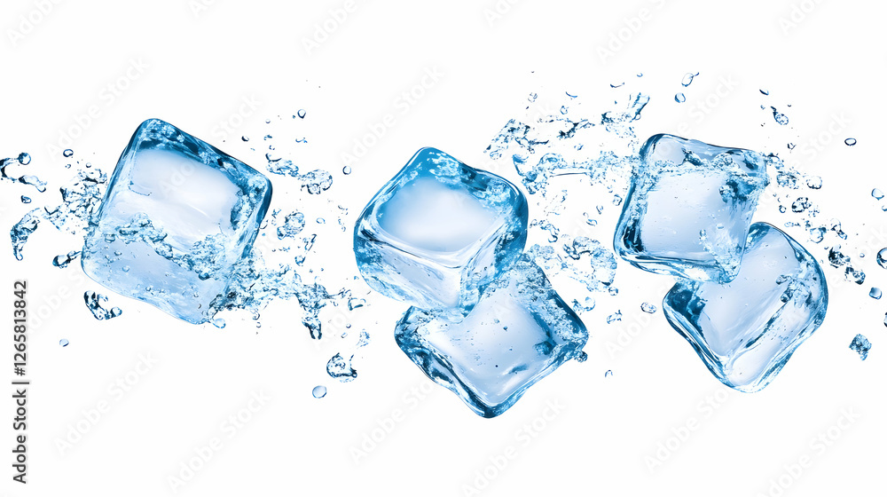 Ice cubes falling and splashing for refreshing drink ingredient, on white background Ice cubes falling and splashing for refreshing drink ingredient, on white background