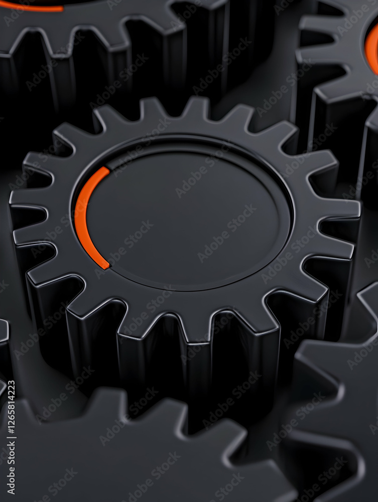 Interlocking dark gears with orange accent, signifying teamwork in engineering work Interlocking dark gears with orange accent, signifying teamwork in engineering work