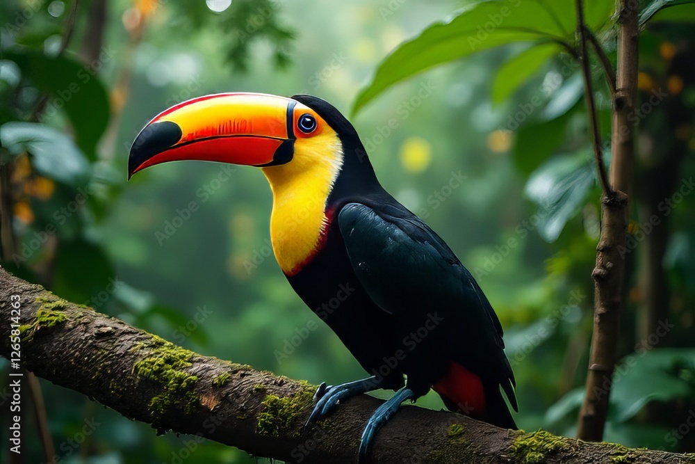 Naklejka premium Colorful Toucan Perched on a Branch in a Lush Rainforest