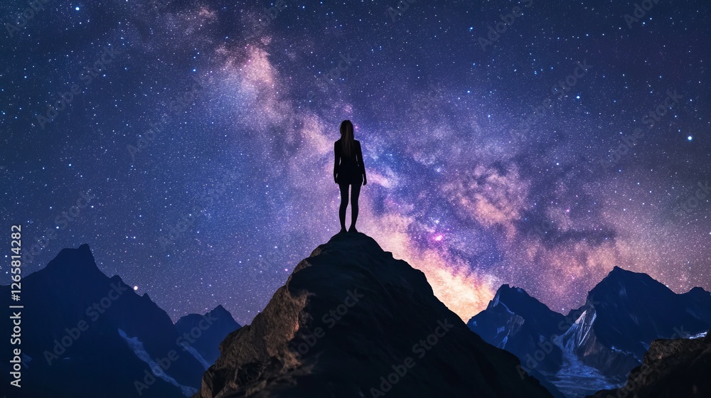 Fototapeta premium Space with Milky Way, girl and mountains. Silhouette of standing woman on the mountain peak, mountains and starry sky at night in Nepal. Sky with stars. Trekking. Night landscape with bright milky way