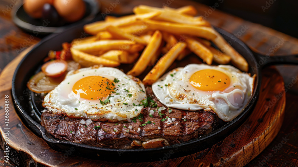 Savory pan-seared ribeye steak cooked to medium rare, paired with golden fries, fried eggs, and caramelized onions. Savory pan-seared ribeye steak cooked to medium rare, paired with golden fries, fried eggs, and caramelized onions.