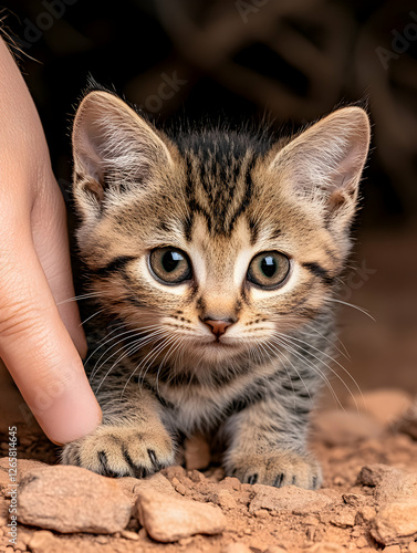 Wallpaper Mural Kitten portrait hand stroking tabby cat, ground setting, use for pet adoption Torontodigital.ca