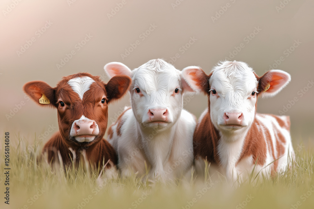 Cute young calves relaxing together in a grassy field during golden hour Cute young calves relaxing together in a grassy field during golden hour