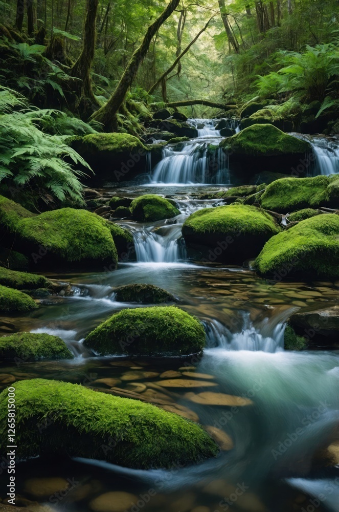 A serene forest stream with moss-covered rocks and gentle waterfalls. A serene forest stream with moss-covered rocks and gentle waterfalls.