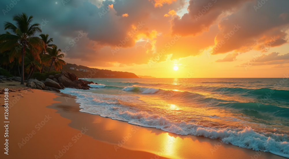 Beautiful beach scene at sunset with golden waves and palm trees. Serene tropical paradise with vibrant colors and tranquil atmosphere. Beautiful beach scene at sunset with golden waves and palm trees. Serene tropical paradise with vibrant colors and tranquil atmosphere.