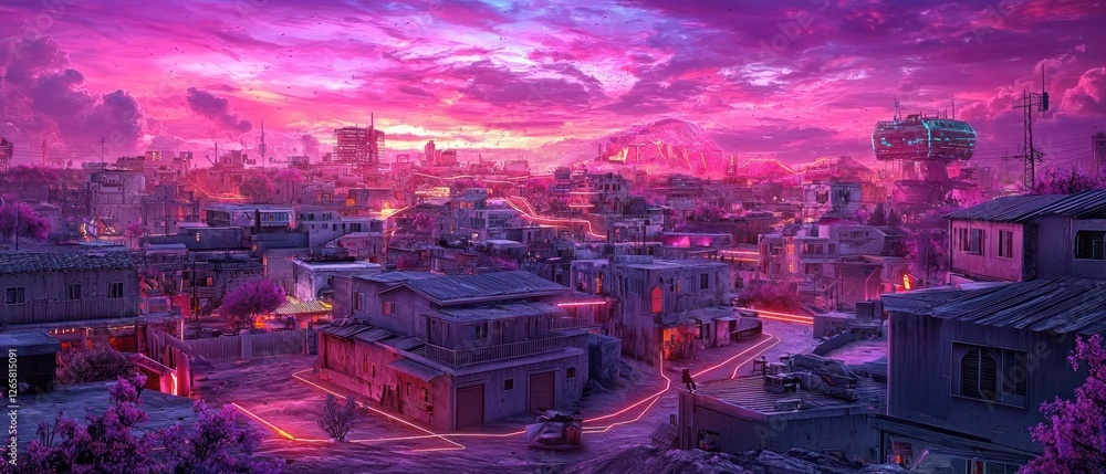 Obraz premium Pink And Purple Cityscape At Sunset
