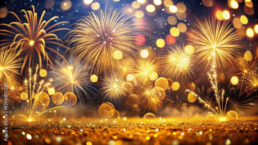 Fototapeta premium Golden 2025 New Year Celebration: Fireworks, Bokeh Lights & Copy Space
