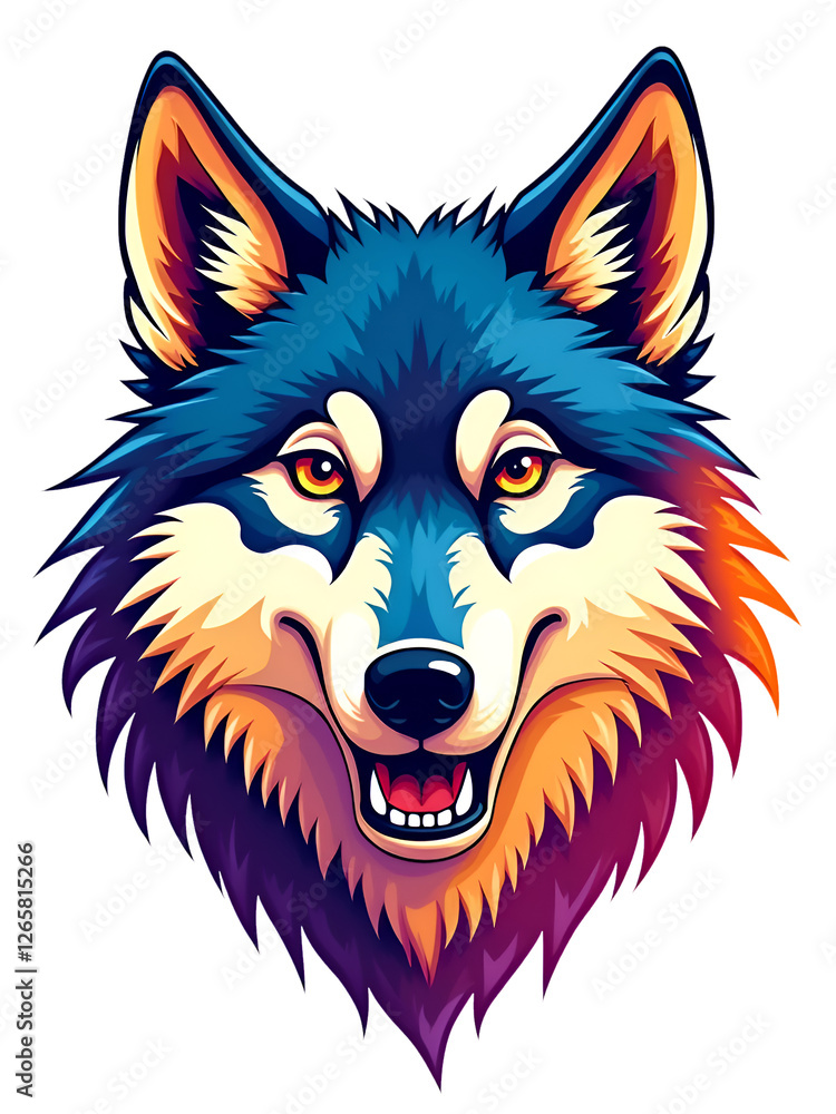 Naklejka premium T-shirt design with wolf portrait. Colorful print design of wolf head in cartoon style on white background. 